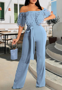 Ruffles Off Shoulder Mint Blue Belted Jumpsuit