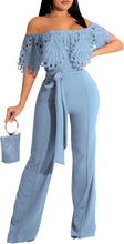 Load image into Gallery viewer, Ruffles Off Shoulder Mint Blue Belted Jumpsuit