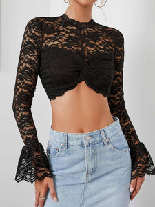 Empress Black Lace Ruffled Sleeve Crop Top Blouse