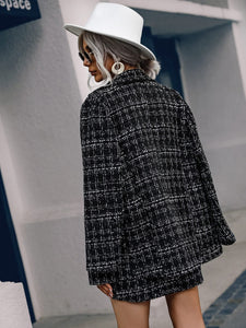 Dark Black Designer Chic Tweed Blazer Jacket & Skirt Set