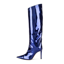 Load image into Gallery viewer, Dark Blue Fashion Forward Metallic Knee High Stiletto Boots