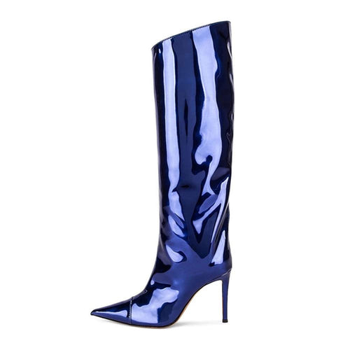 Dark Blue Fashion Forward Metallic Knee High Stiletto Boots