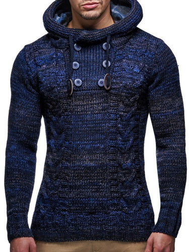 Dark Blue Men's Hooded Cable Knit Long Sleeve Sweater