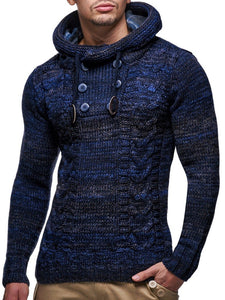 Dark Blue Men's Hooded Cable Knit Long Sleeve Sweater