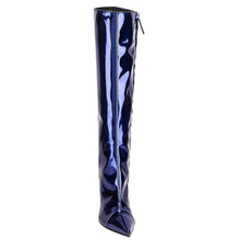 Load image into Gallery viewer, Dark Blue Fashion Forward Metallic Knee High Stiletto Boots