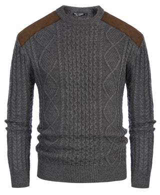 Dark Grey Men's Suede Patchwork Cable Knit Sweater
