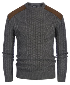 Dark Grey Men's Suede Patchwork Cable Knit Sweater