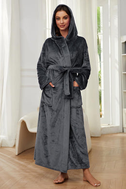 Dark Grey Warm Hooded Fleece Long Sleeve Robe
