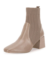 Load image into Gallery viewer, Dark Khaki Leather Knit Chunky Heel Ankle Boots