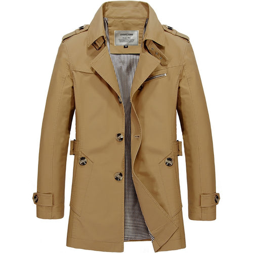 Khaki Men's Windbreaker Notched Lapel Trench Coat