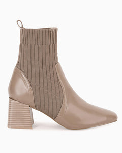 Dark Khaki Leather Knit Chunky Heel Ankle Boots