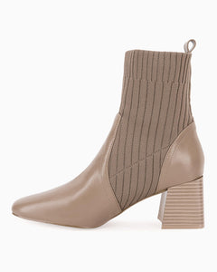 Dark Khaki Leather Knit Chunky Heel Ankle Boots