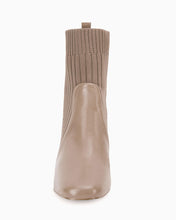 Load image into Gallery viewer, Dark Khaki Leather Knit Chunky Heel Ankle Boots