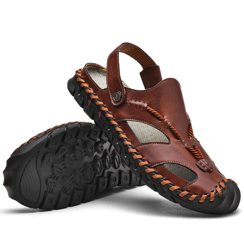 Dark Brown Men's Leather Closed Toe Outdoor Sandals