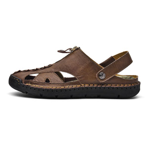Dark Brown Zippered Men's Leather Outdoor Stylish Summer Sandals