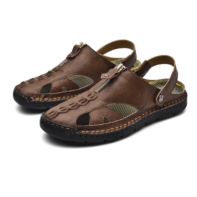 Dark Brown Zippered Men's Leather Outdoor Stylish Summer Sandals