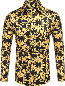 Men's Luxury Black/Gold Print Button Down Long Sleeve Shirt