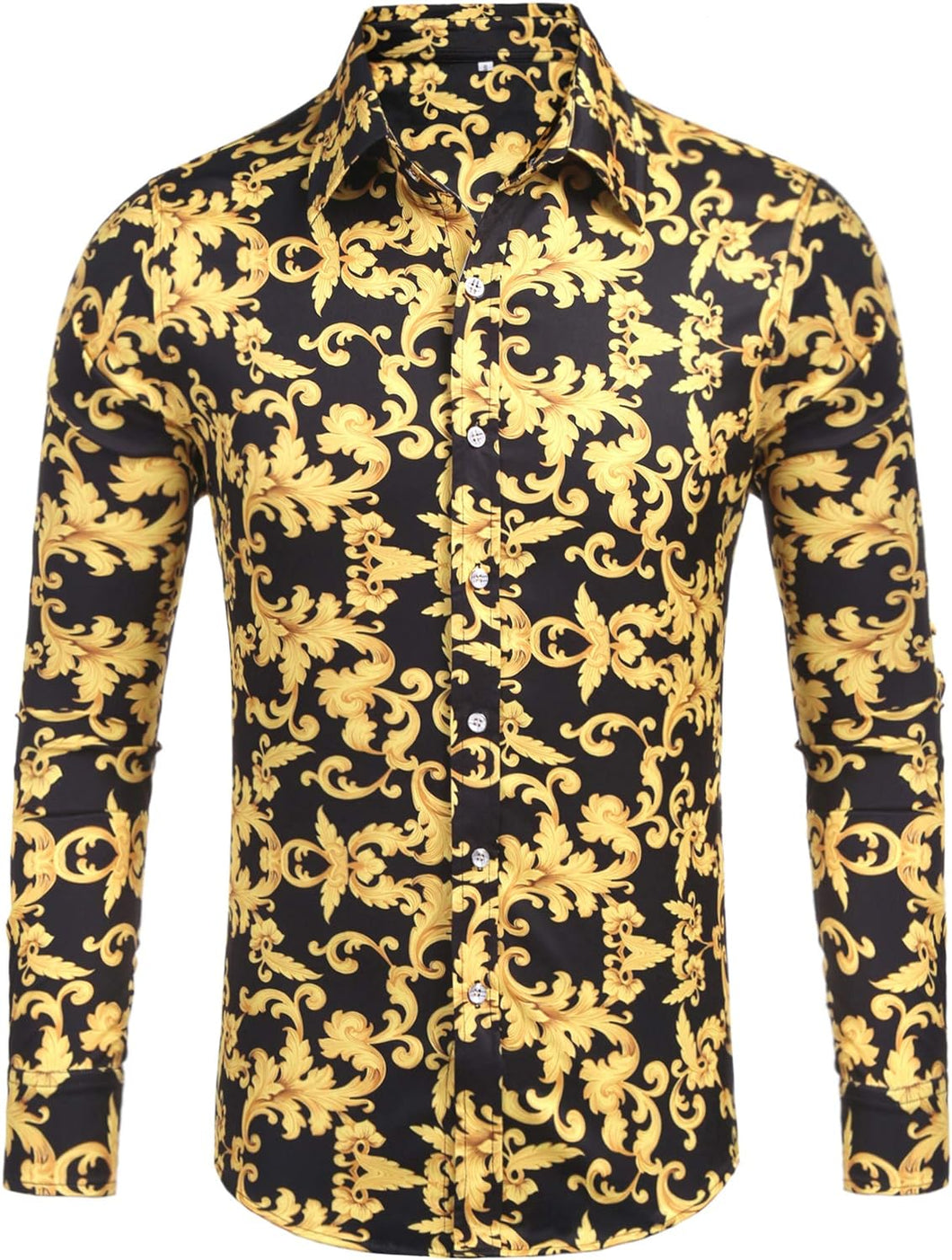 Men's Luxury Black/Gold Print Button Down Long Sleeve Shirt