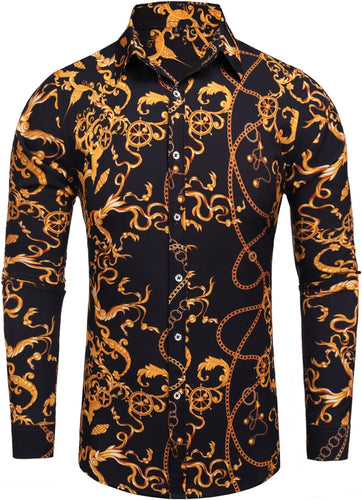 Men's Luxury Black Chain Print Button Down Long Sleeve Shirt