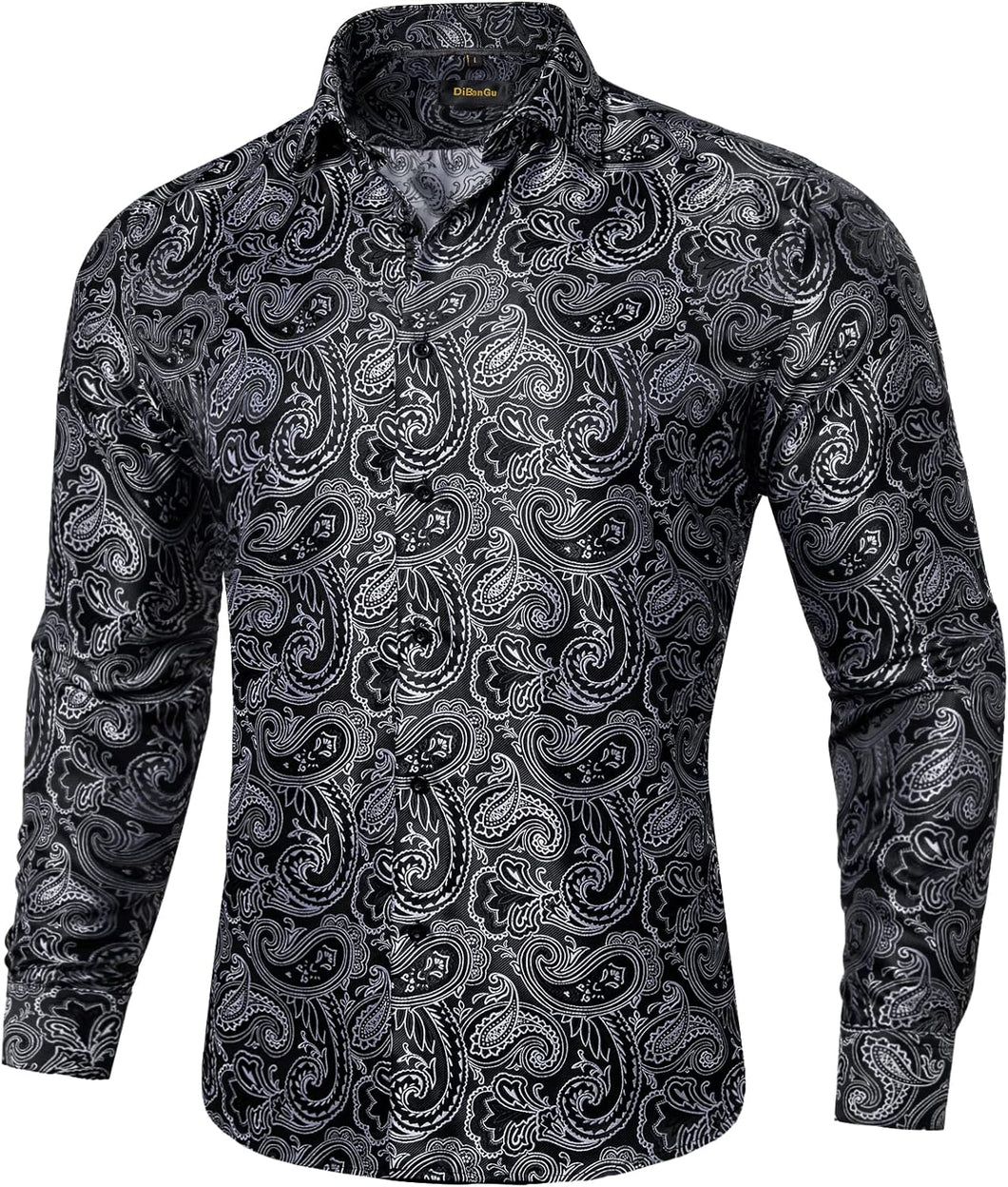 Men's Luxury Black Silk Printed & Black Paisley Long Sleeve Shirt
