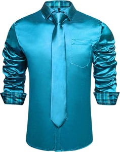 Men's Coral Satin Button Up Long Sleeve Shirt w/Tie Set