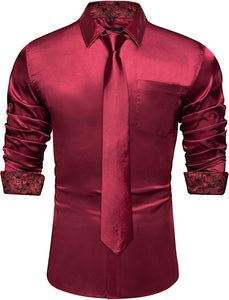 Men's Gold Satin Button Up Long Sleeve Shirt w/Tie Set