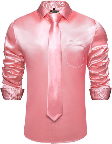 Men's Coral Satin Button Up Long Sleeve Shirt w/Tie Set