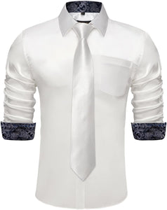 Men's Black Satin Button Up Long Sleeve Shirt w/Tie Set