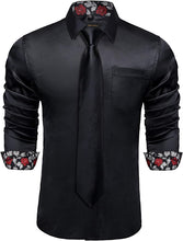 Load image into Gallery viewer, Men&#39;s Black Satin Button Up Long Sleeve Shirt w/Tie Set