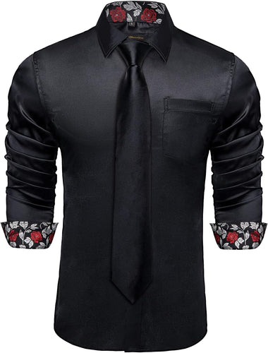 Men's Black Satin Button Up Long Sleeve Shirt w/Tie Set