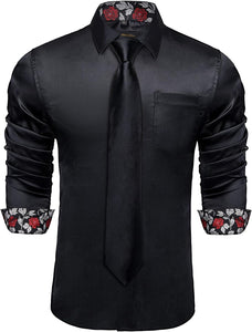 Men's Black Satin Button Up Long Sleeve Shirt w/Tie Set