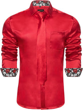 Load image into Gallery viewer, Men&#39;s Coral Satin Button Up Long Sleeve Shirt w/Tie Set