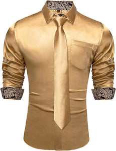 Men's Coral Satin Button Up Long Sleeve Shirt w/Tie Set