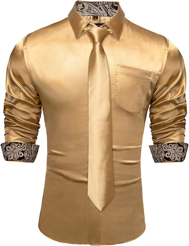 Men's Gold Satin Button Up Long Sleeve Shirt w/Tie Set