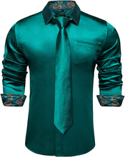 Load image into Gallery viewer, Men&#39;s Emerald Satin Button Up Long Sleeve Shirt w/Tie Set