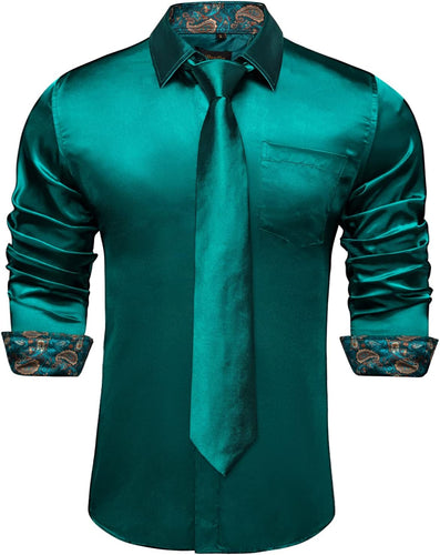 Men's Emerald Satin Button Up Long Sleeve Shirt w/Tie Set