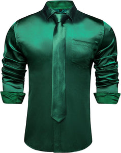 Men's Emerald Satin Button Up Long Sleeve Shirt w/Tie Set