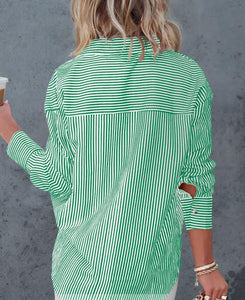 Striped Green Long Sleeve Button Up Casual Shirt
