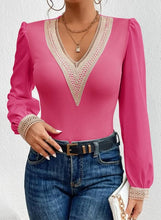 Load image into Gallery viewer, Lace Trim Pink V Neck Puff Long Sleeve Bodysuit