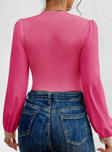 Lace Trim Pink V Neck Puff Long Sleeve Bodysuit