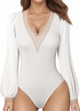 Load image into Gallery viewer, Lace Trim White V Neck Puff Long Sleeve Bodysuit