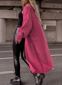 Balloon Sleeve Pink Knit Button Down Long Sleeve Cardigan Sweater