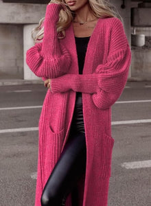 Balloon Sleeve Pink Knit Button Down Long Sleeve Cardigan Sweater