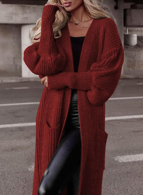 Balloon Sleeve Red Knit Button Down Long Sleeve Cardigan Sweater