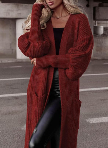 Balloon Sleeve Red Knit Button Down Long Sleeve Cardigan Sweater