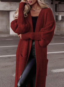 Balloon Sleeve Red Knit Button Down Long Sleeve Cardigan Sweater