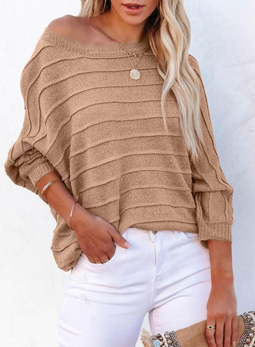 Casual Khaki Dolman Sleeve Off Shoulder Knit Sweater