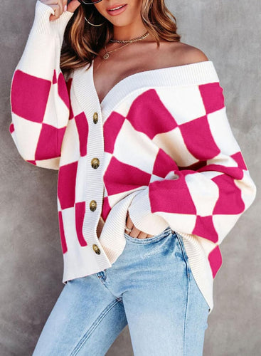 Checkered Knit White/Pink Button Down Long Sleeve Cardigan Sweater