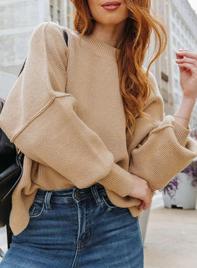 Fashionable Oversized Khaki Long Sleeve Side Slit Knit Sweater
