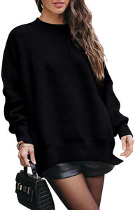 Fashionable Oversized Grey Long Sleeve Side Slit Knit Sweater